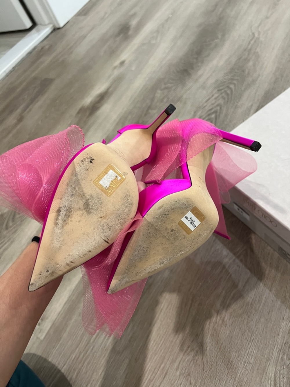 Jimmy Choo Hot Pink Satin Pointed-Toe Tulle Bow Ankle-Strap Pumps - Picture 7 of 7
